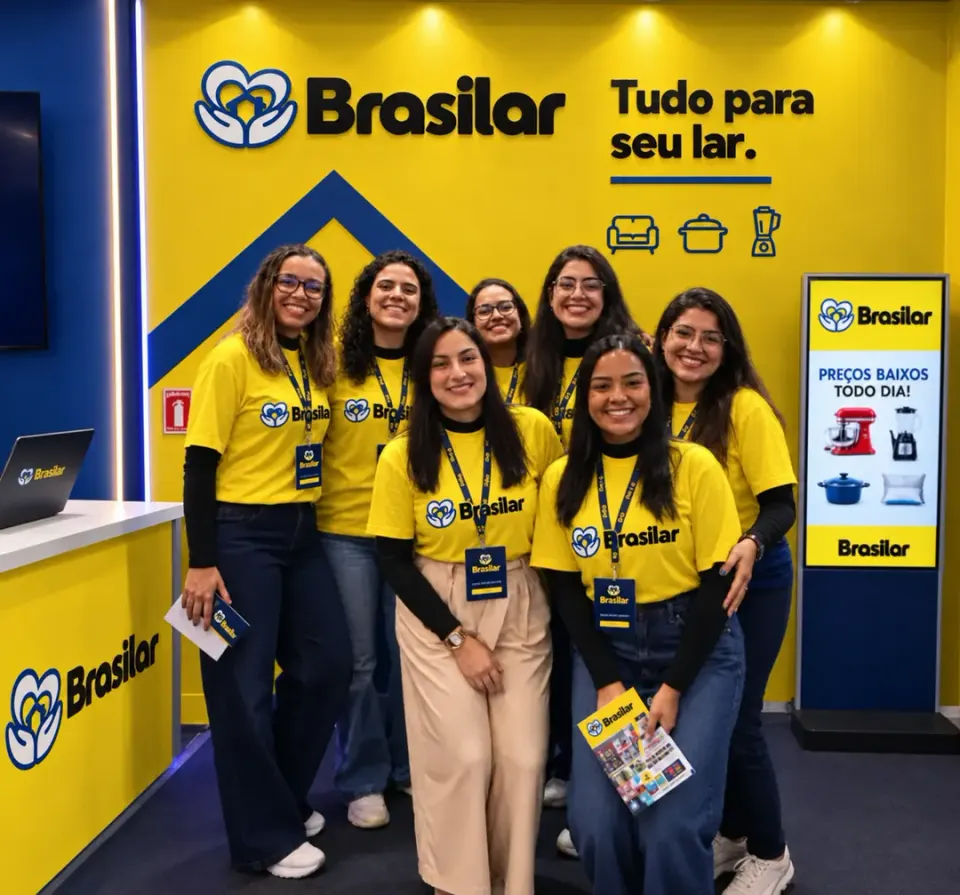 Foto de referência da equipe com painéis, uniformes e marcas adaptados para Brasilar