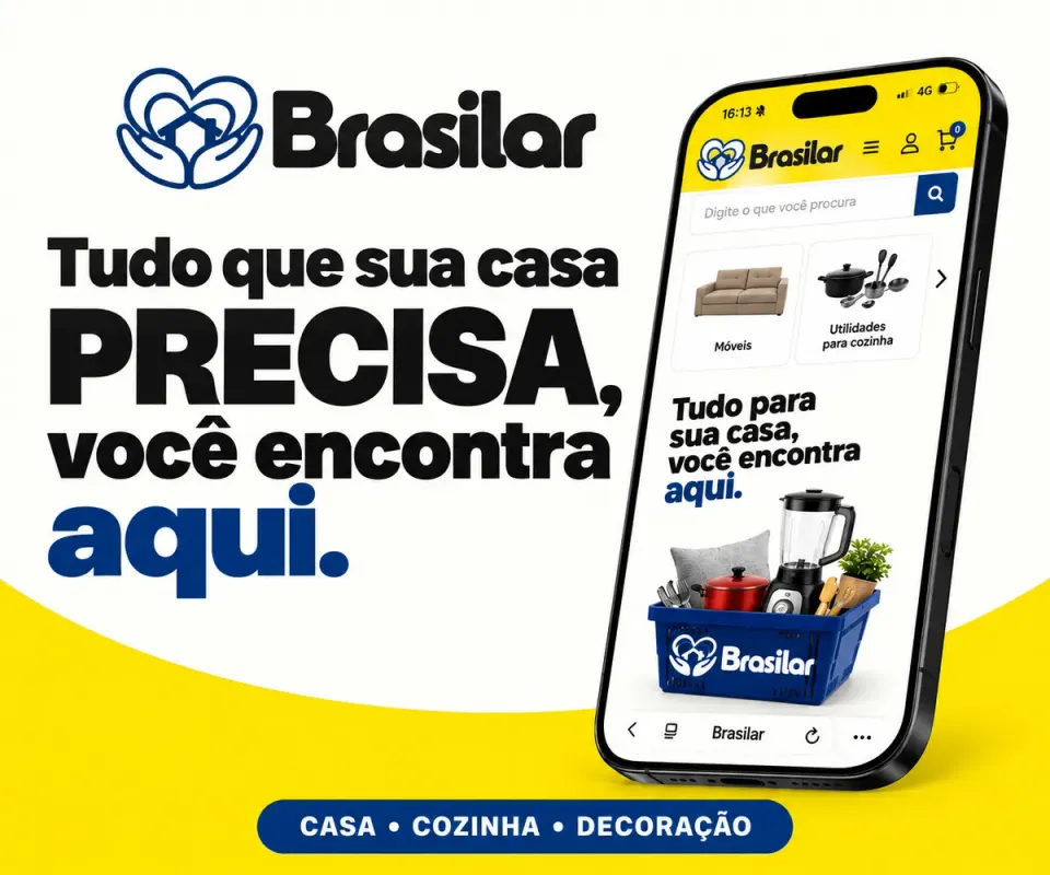 Tudo que sua casa precisa: loja Brasilar no celular com produtos para casa, cozinha e decoração.