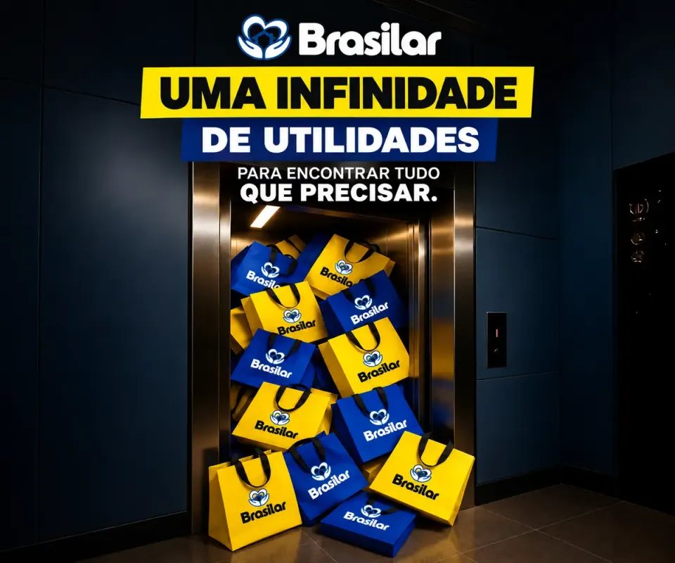 Uma infinidade de utilidades: sacolas amarelas e azuis da Brasilar no elevador.