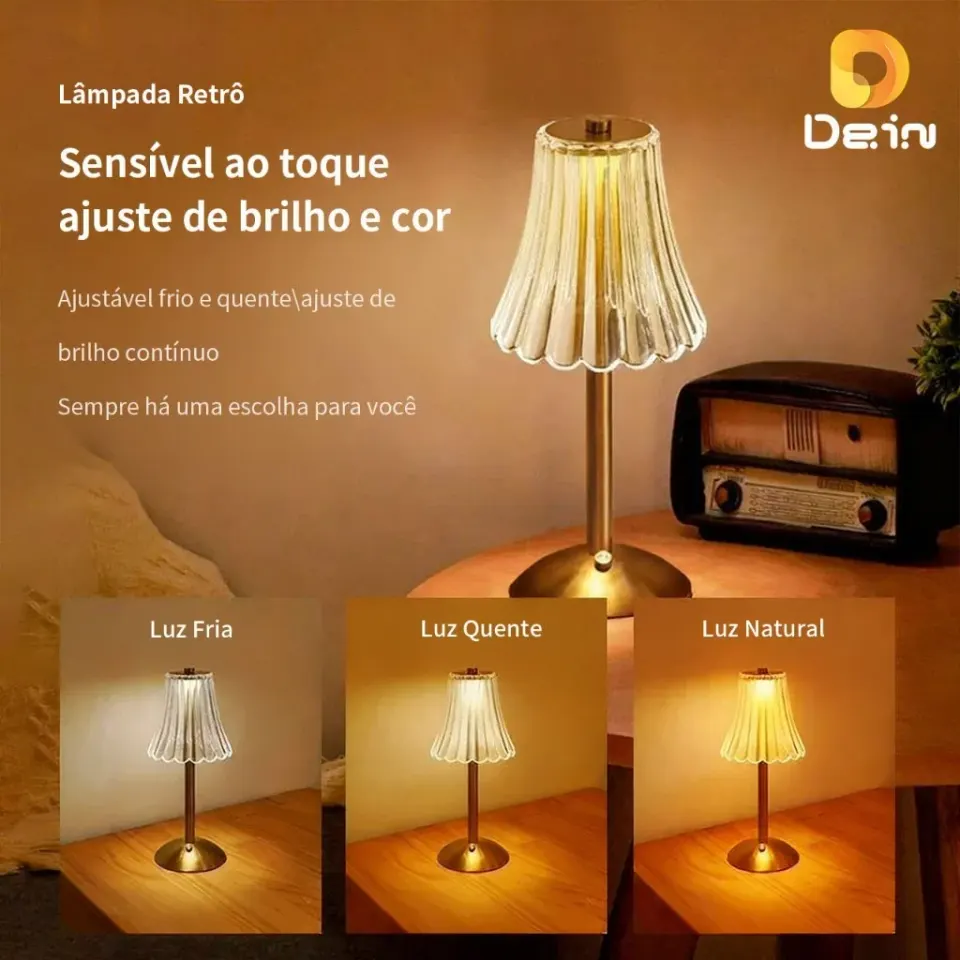 Luminária Retrô de Mesa LED Recarregável com Cúpula Transparente e Controle por Toque Dourada, foto 4