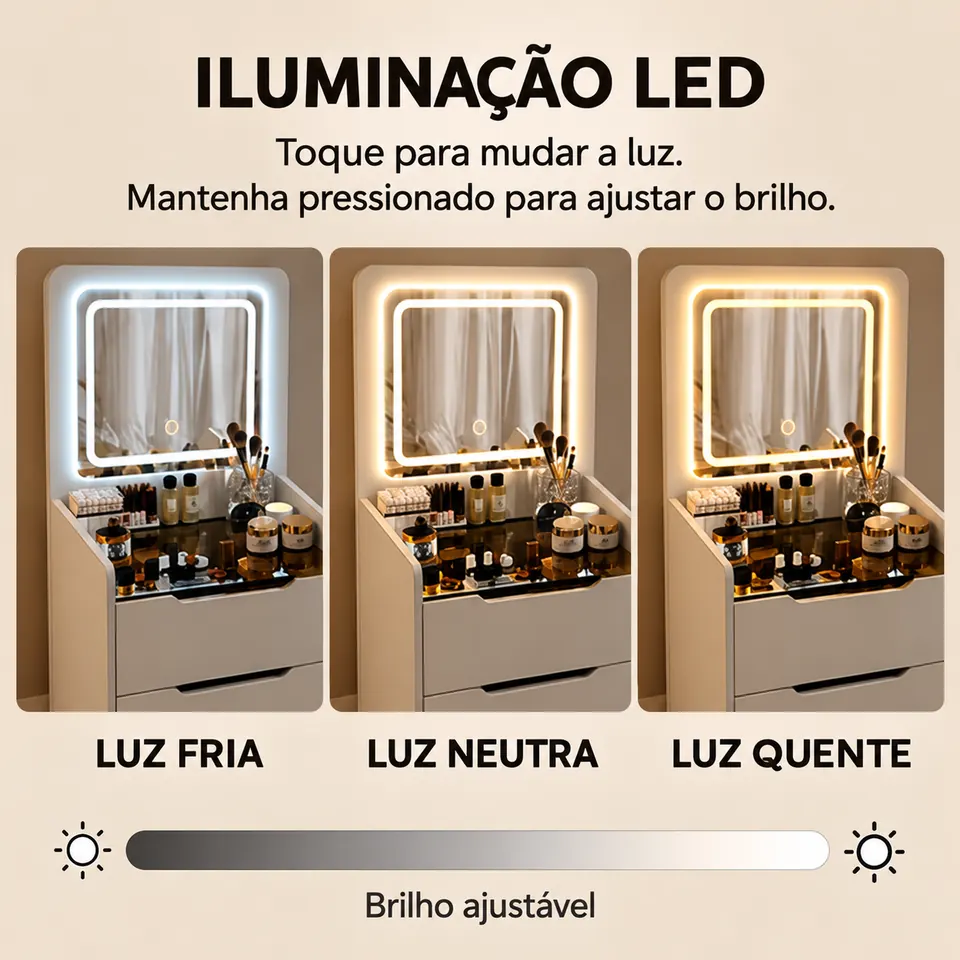 Espelho LED: luz fria, neutra e quente, com acionamento por toque e brilho ajustável