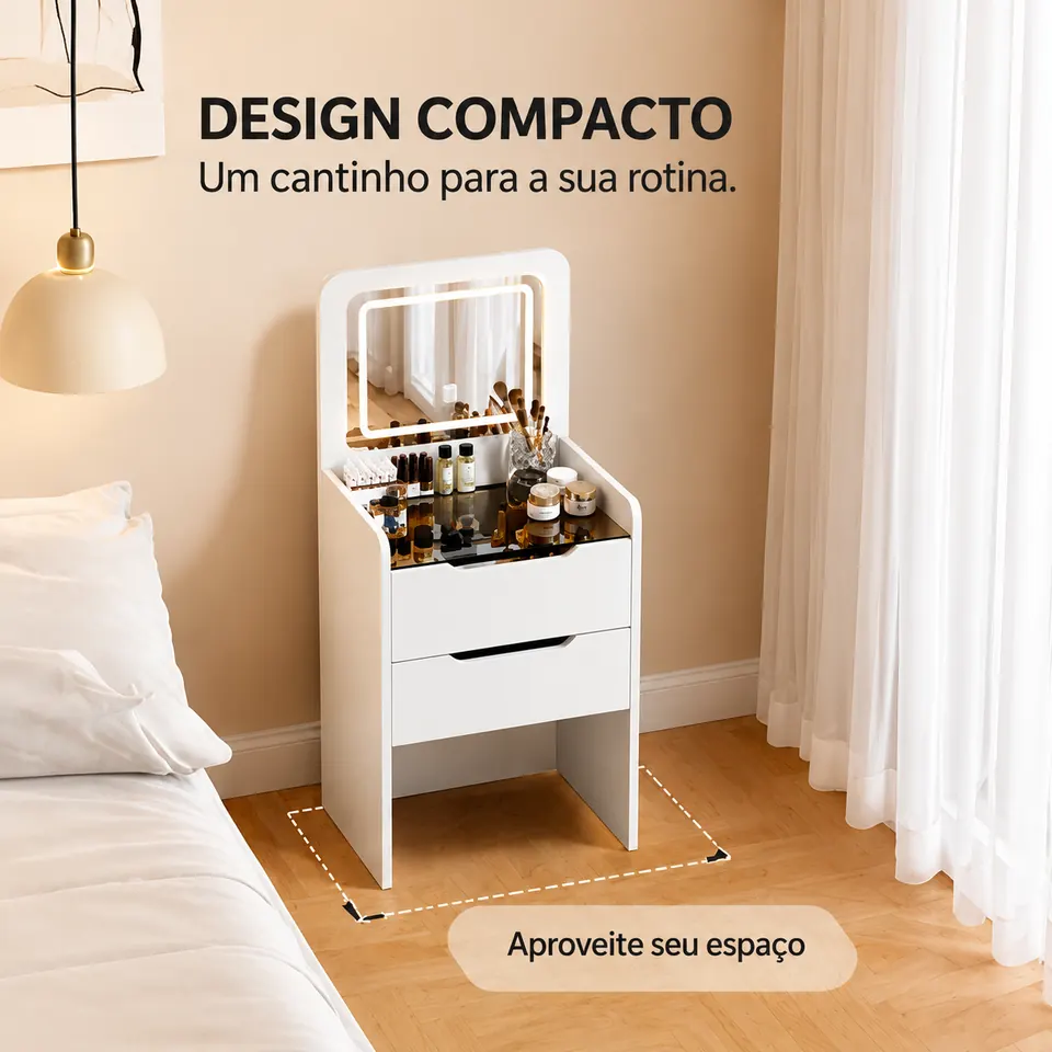 Penteadeira compacta no quarto com indicação discreta da área ocupada no piso